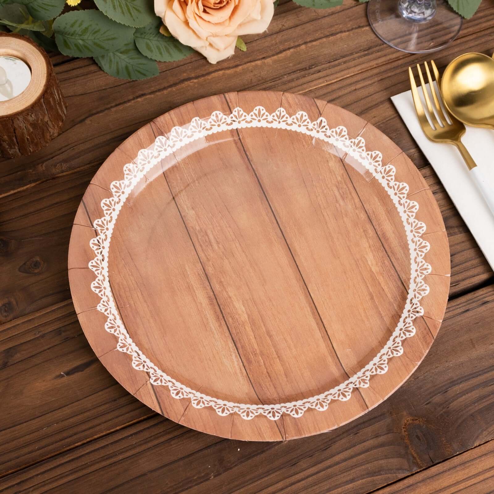 25-Pack Paper 9" Round Dinner Plates in Brown Wood Grain Print with White Floral Lace Rim - Disposable Party Plates for Rustic Farmhouse Style Events