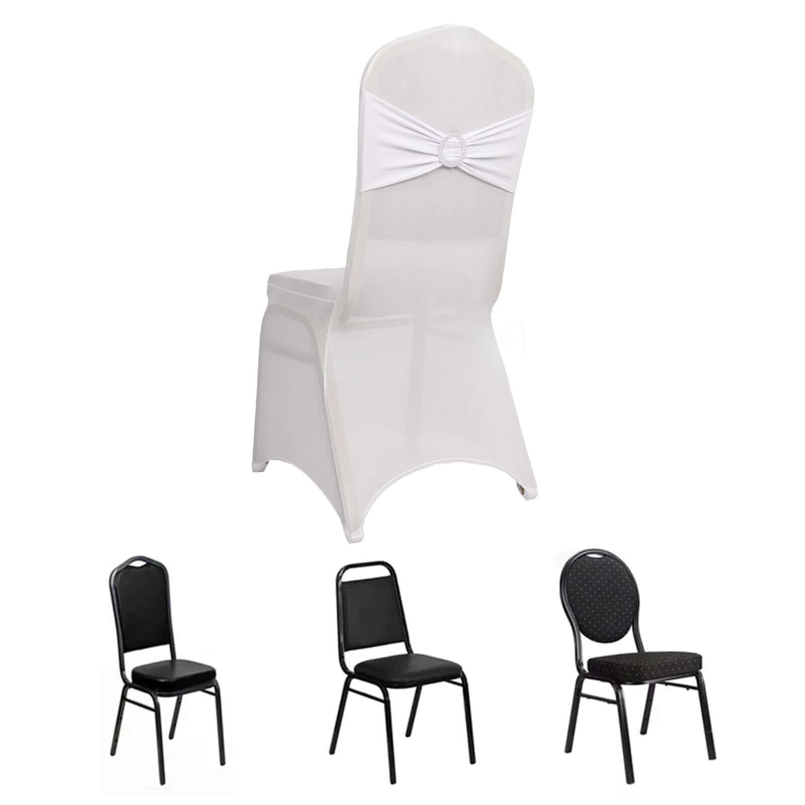 Spandex Chair Cover with Silver Rhinestone Buckled Sash Band White - Stylish Stretch Fitted Slipcover for Banquets & Events