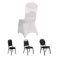Spandex Chair Cover with Silver Rhinestone Buckled Sash Band White - Stylish Stretch Fitted Slipcover for Banquets & Events