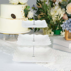 3-Tier Plastic Square Cupcake Stand Tower White - Charming Easy to Assemble Dessert Display Serving Tray Platter with Floral Embossed Scalloped Rim & Silver Handle for Tea Parties Weddings & Special Occasions 13"