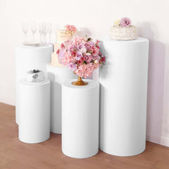 Set of 5 White Spandex Cylinder Pedestal Stand Covers, Stretchable Pillar Prop Covers - 160 GSM