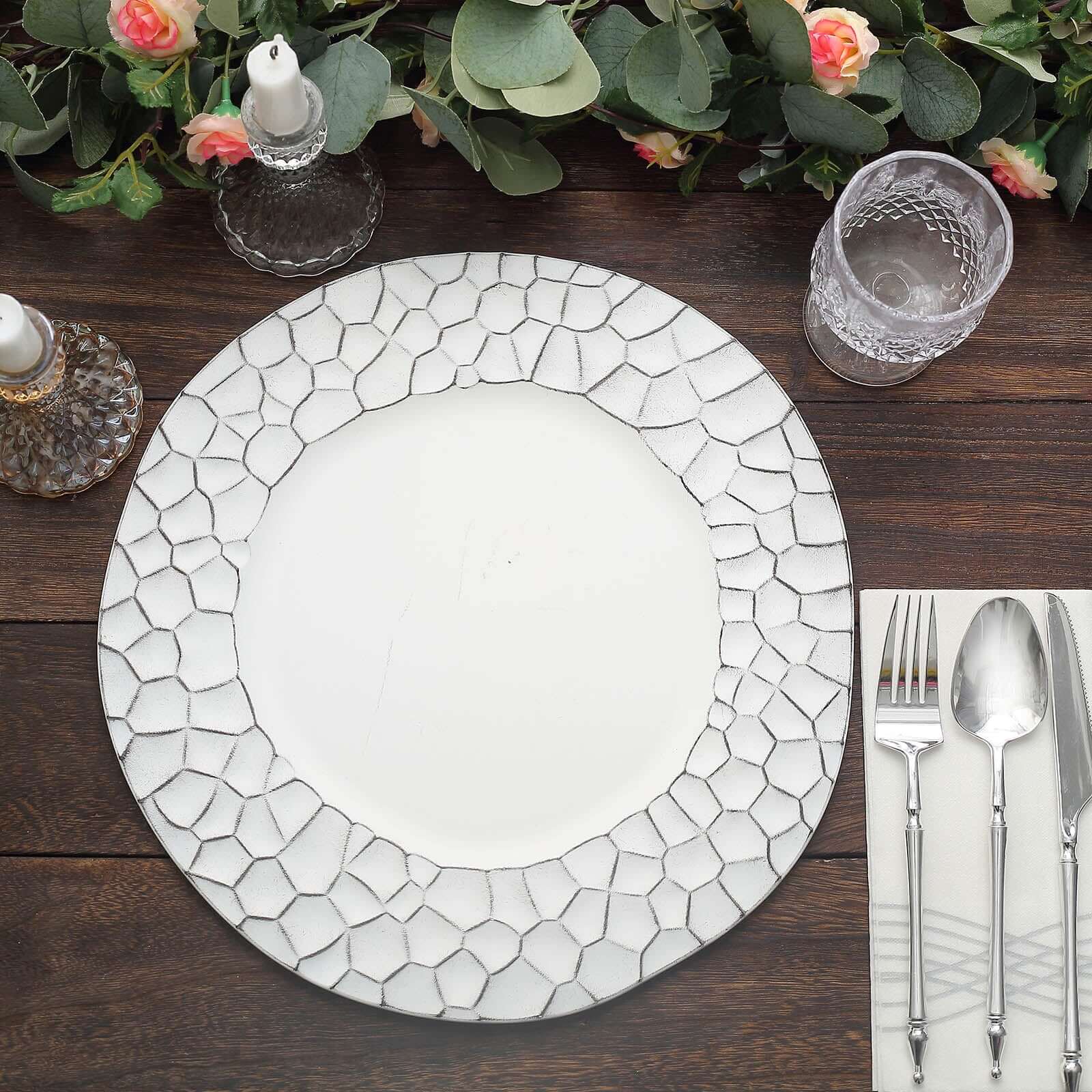 6-Pack Round Charger Plates 13" in White with Hammered Rim, Matte Finish Modern Dinner Charger Tableware