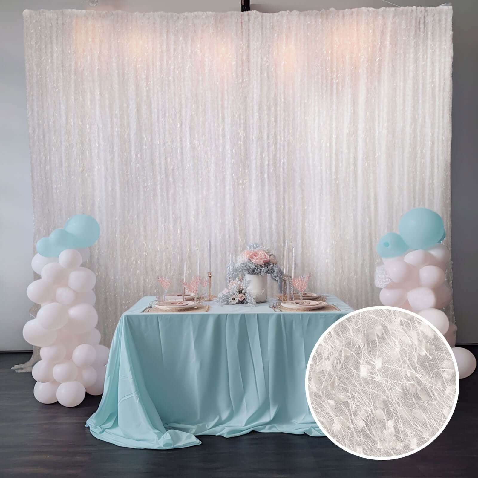 8ftx8ft White Fringe Shag Polyester Event Drapery Panel, Minky Fabric Divider Backdrop Curtain