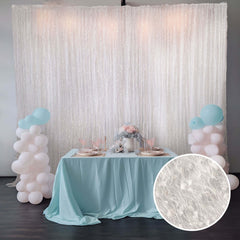 8ftx8ft White Fringe Shag Polyester Event Drapery Panel, Minky Fabric Divider Backdrop Curtain