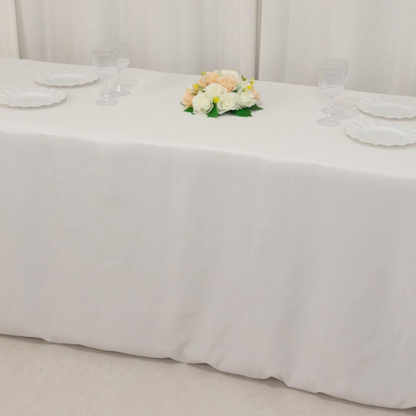 Fire Retardant Premium Polyester 8ft Rectangular Tablecloth White Fitted High-Performance Table Cover for Large Gatherings