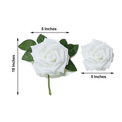 24 Roses 5" White Artificial Foam Flowers With Stem Wire and Leaves