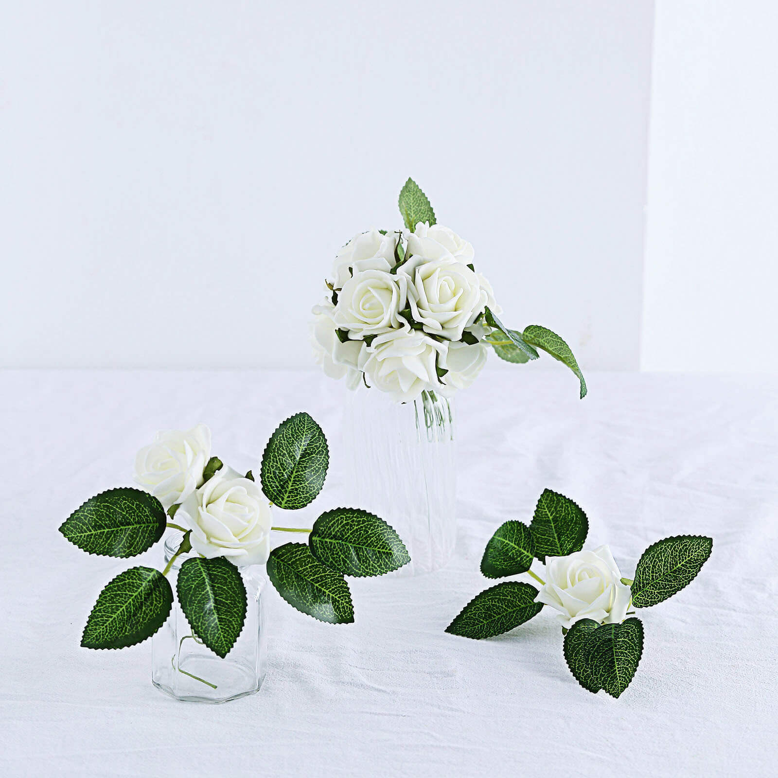 24 Roses 2" Ivory Artificial Foam Flowers With Stem Wire and Leaves