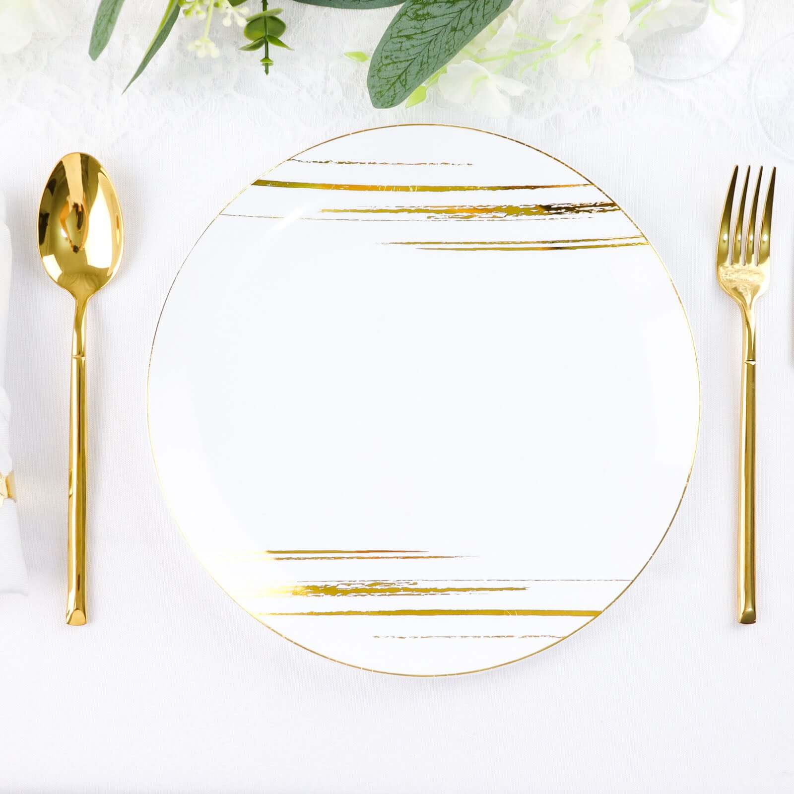 10-Pack Plastic 10" Round Dinner Plates in White with Gold Brush Stroked Print - Disposable Party Dinnerware for Modern Themed Events & Banquets