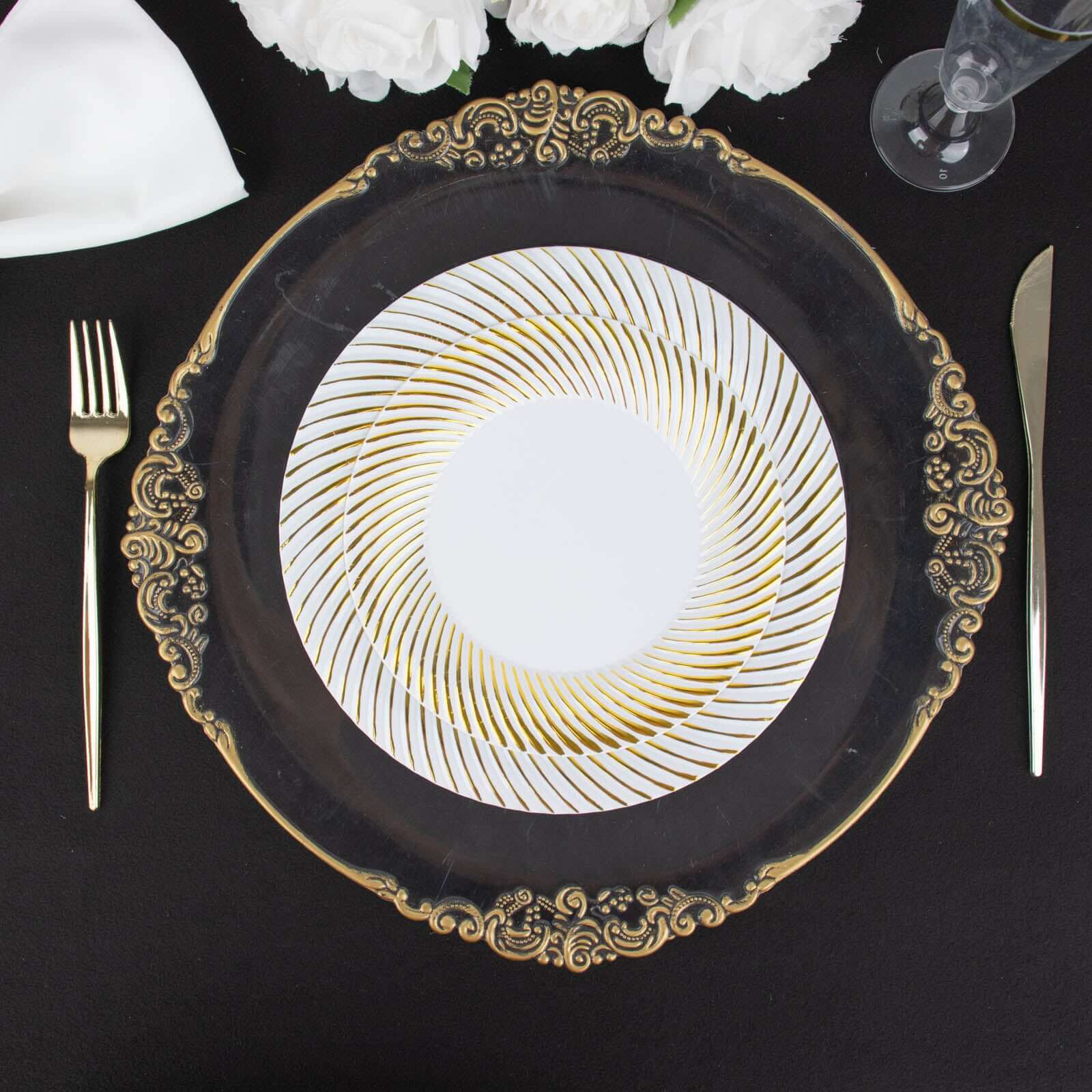 10-Pack Plastic 9" Round Dinner Plates White with Gold Swirl Rim - Disposable Party Plates
