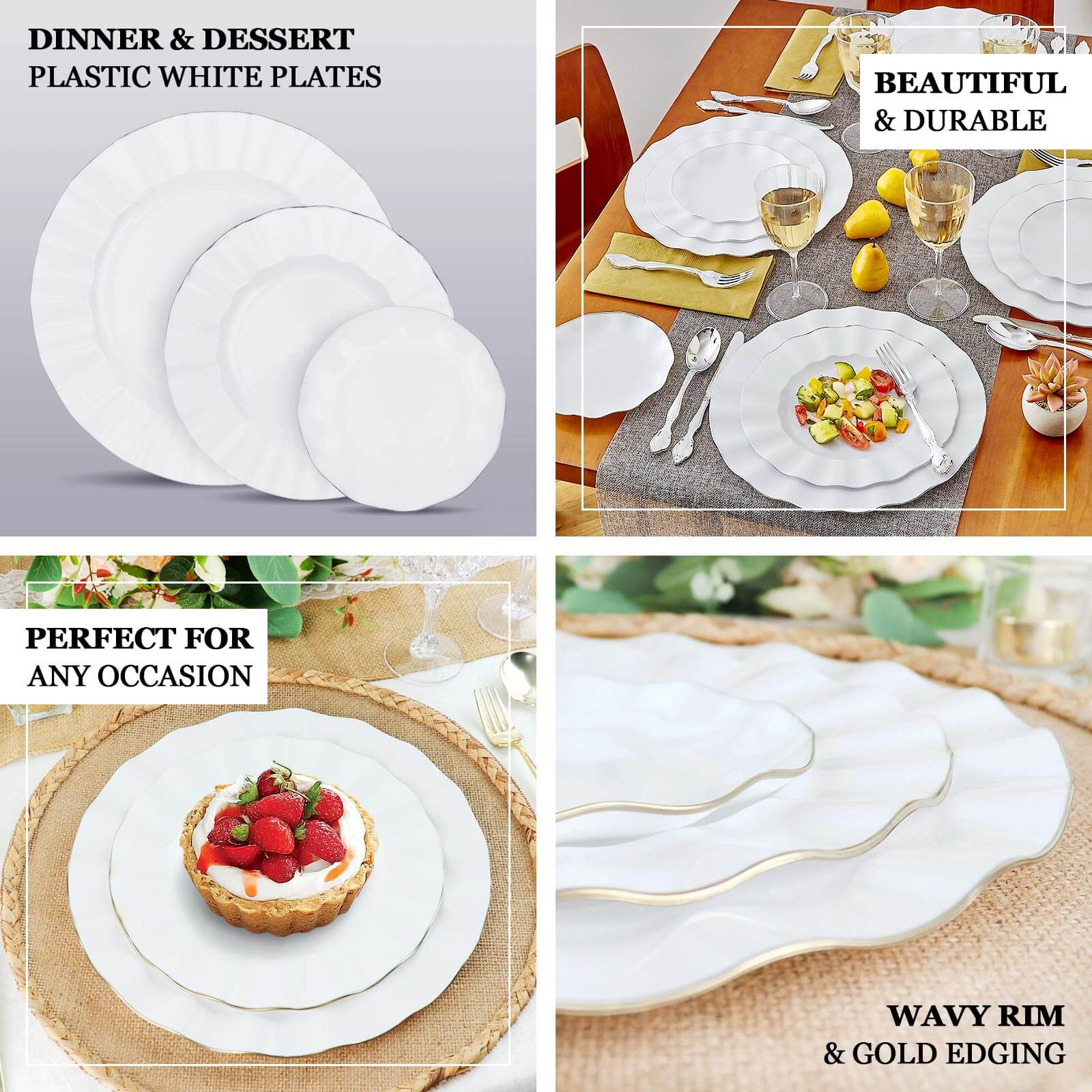 10-Pack Plastic 11" Round Dinner Plates in White Ruffled Rim with Gold Edging - Sturdy Disposable Dinnerware for Classy Events & Banquets