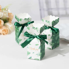 25 Pack White Green Leaf Print Satin Ribbon Candy Gift Boxes With Floral Top, Cardstock Paper Party Favor Boxes - 2"x5"