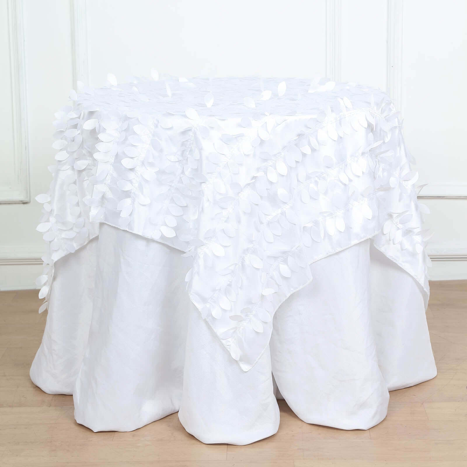 Taffeta 54"x54" Table Overlay Square Tablecloth White | Exquisite 3D Leaf Petal Design for Chic Wedding & Event Decor