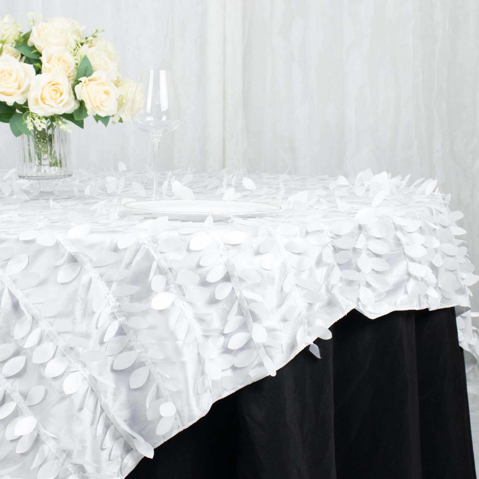 Taffeta 72"x72" Table Overlay Square Tablecloth White 3D Leaf Petal Design for Stylish Celebrations