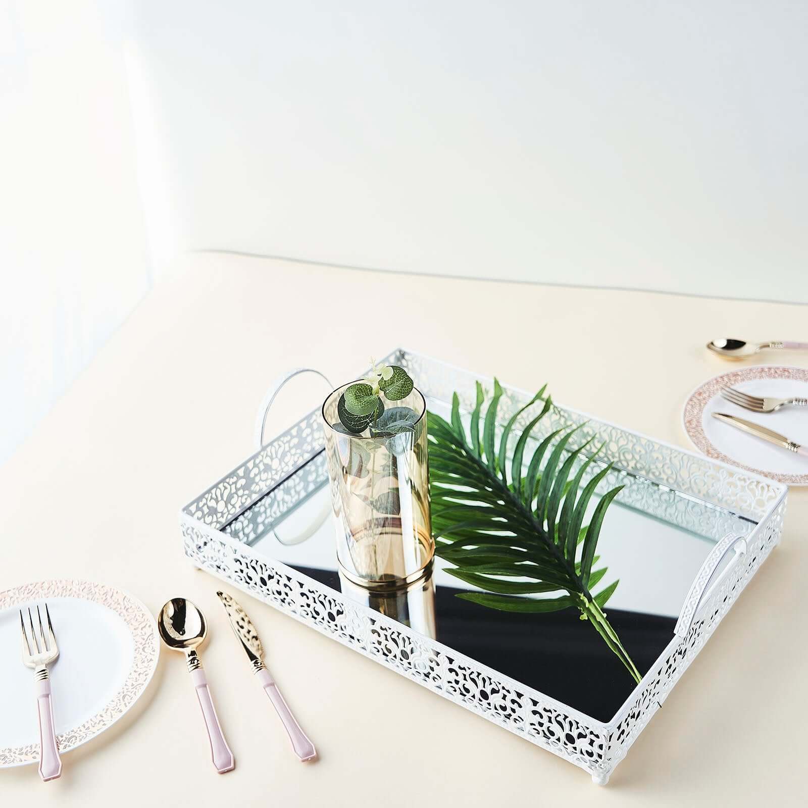 Metal Mirrored Rectangle Serving Tray 16"x12" in White Fleur De Lis Design with Handles, French Inspired Decorative Vanity Tray Centerpiece
