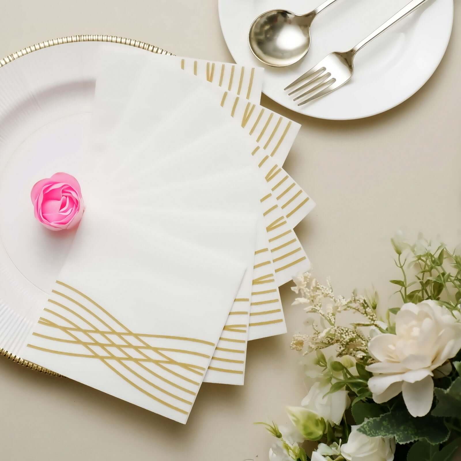 20 Pack Linen-Like Paper 5"x5" Napkins White with Gold Foil Wave Design - Classy Disposable Airlaid Cocktail Napkins