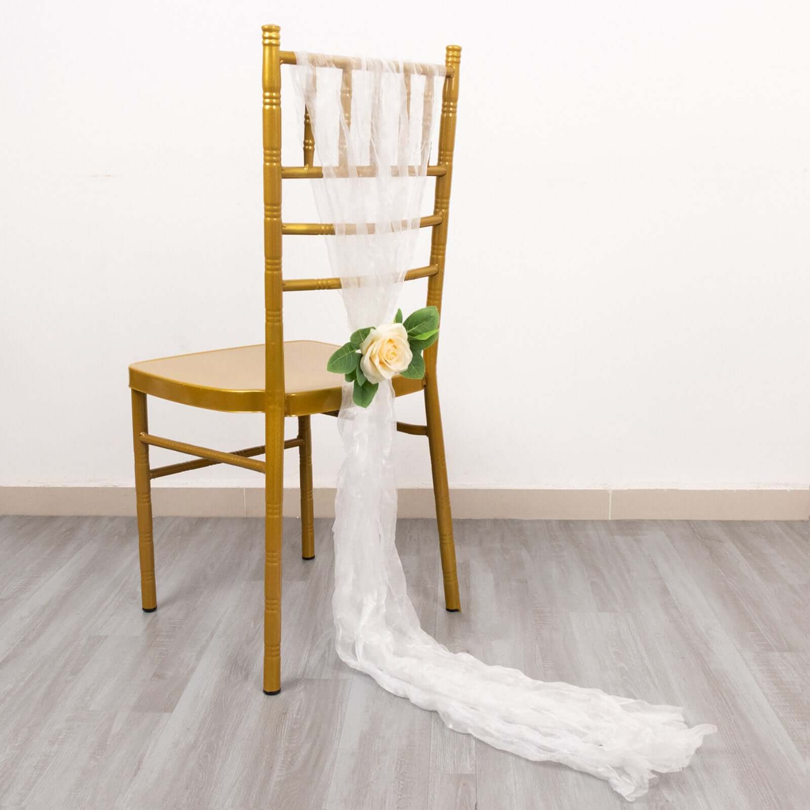5 Pack Crinkled Organza Chair Sashes White with Shimmer Chiffon Layers - Stylish Sheer Decor for Weddings & Gatherings
