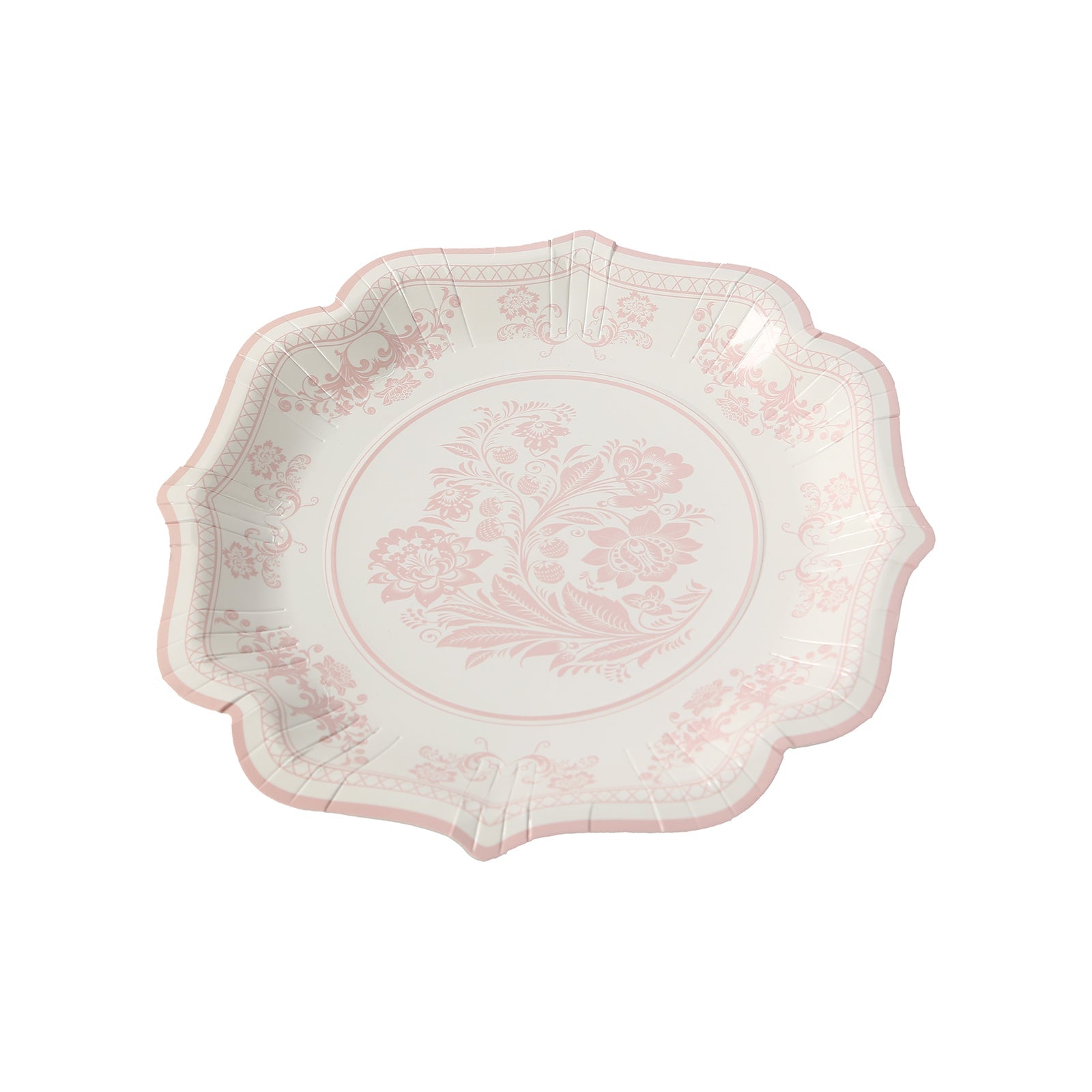 25-Pack Paper Dessert Plates in White with Pink Damask Floral Print & Scallop Rim - Stylish Disposable 300GSM Floral Salad Appetizer Plates 8"