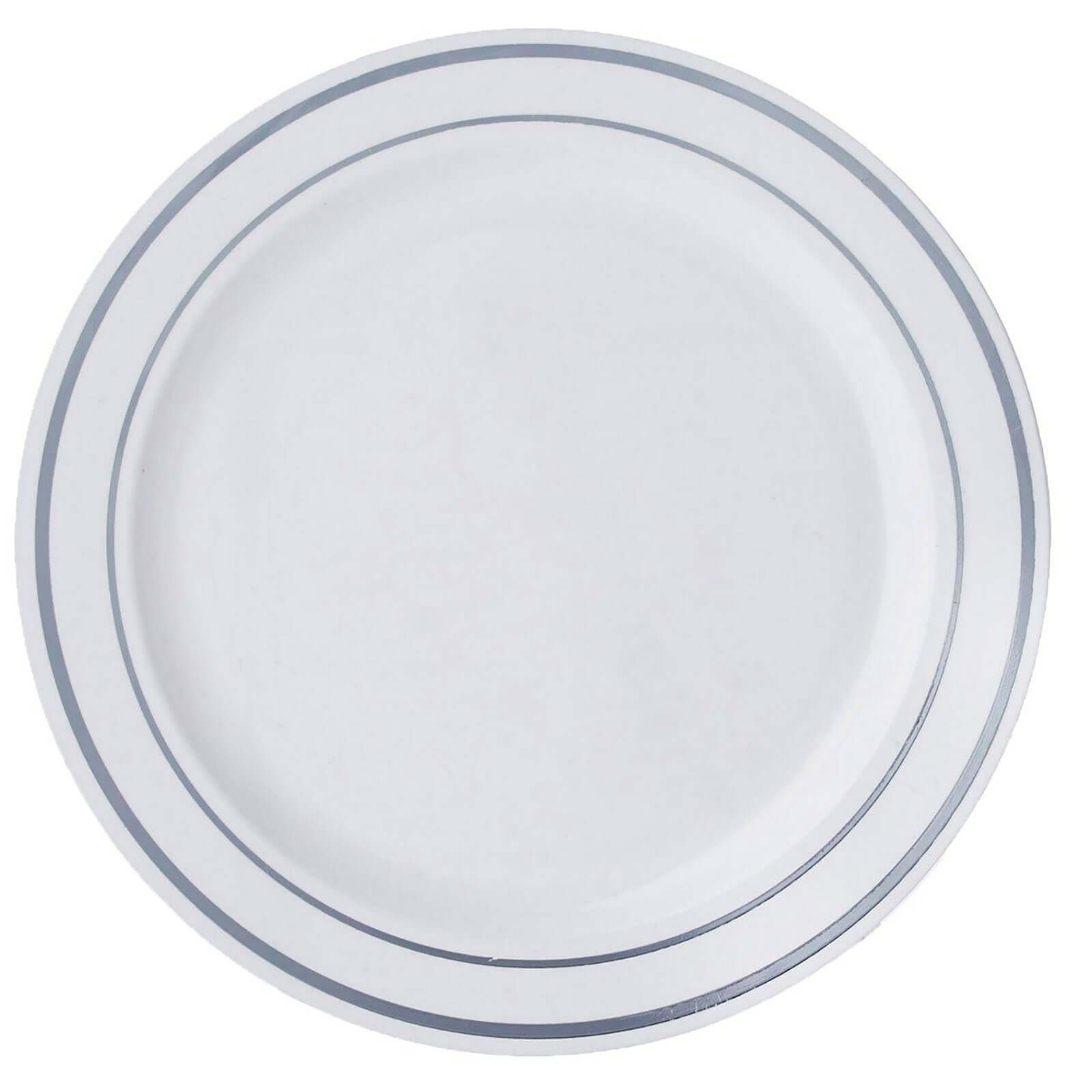 10-Pack Plastic Dessert Plates White with Très Chic Silver Rim - Disposable Plates for Appetizers 6"