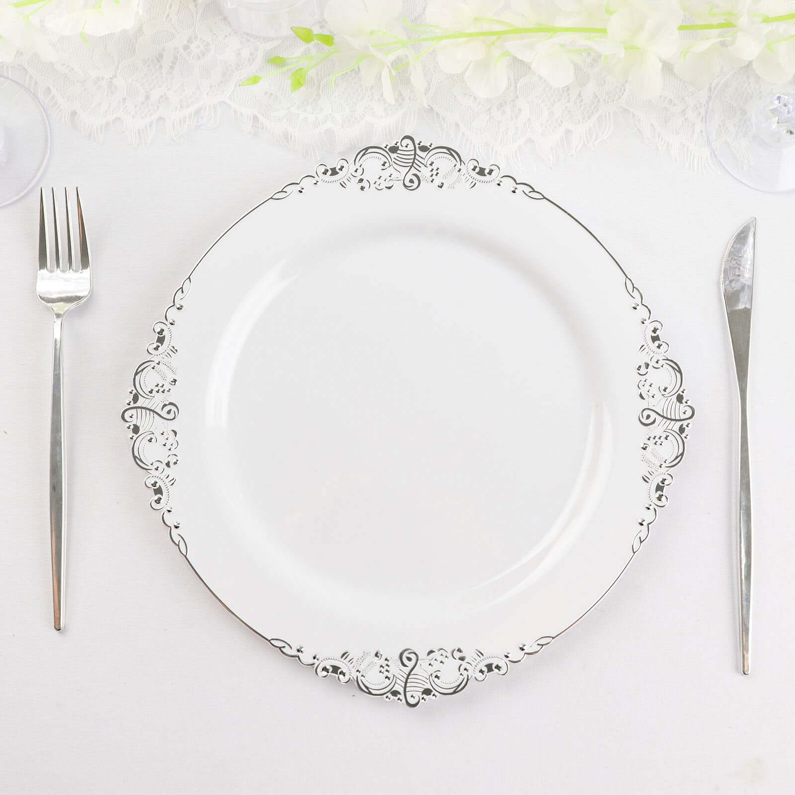 10-Pack Plastic 10" Round Dinner Plates in White with Silver Leaf Embossed Rim - Disposable Vintage Baroque Style Plates