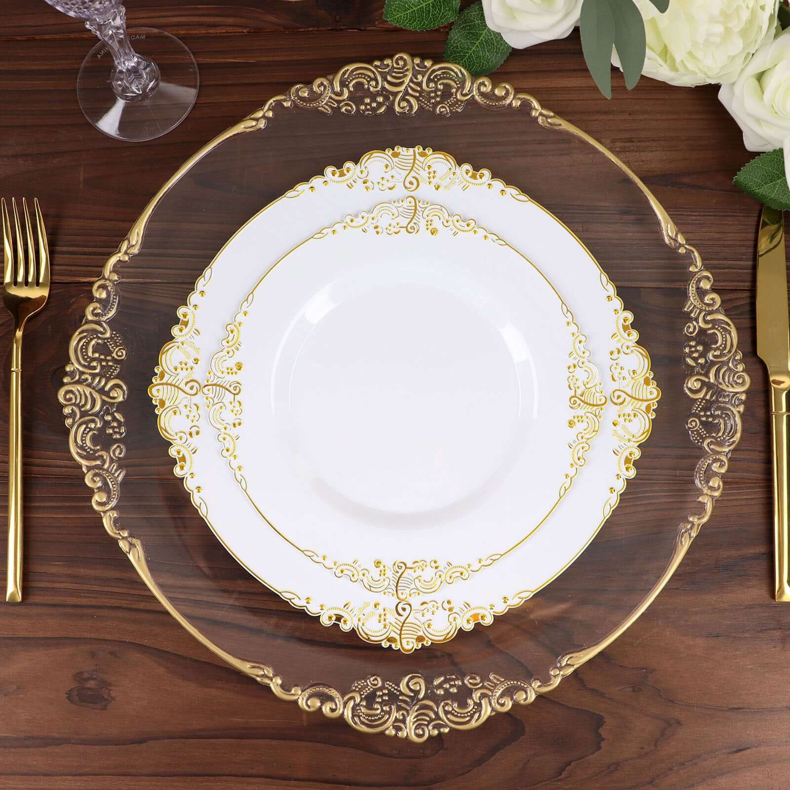 10-Pack Plastic 8" Round Dessert Plates in White with Gold Leaf Embossed Rim - Disposable Vintage Baroque Style Salad Plates for Luxurious Gatherings & Events
