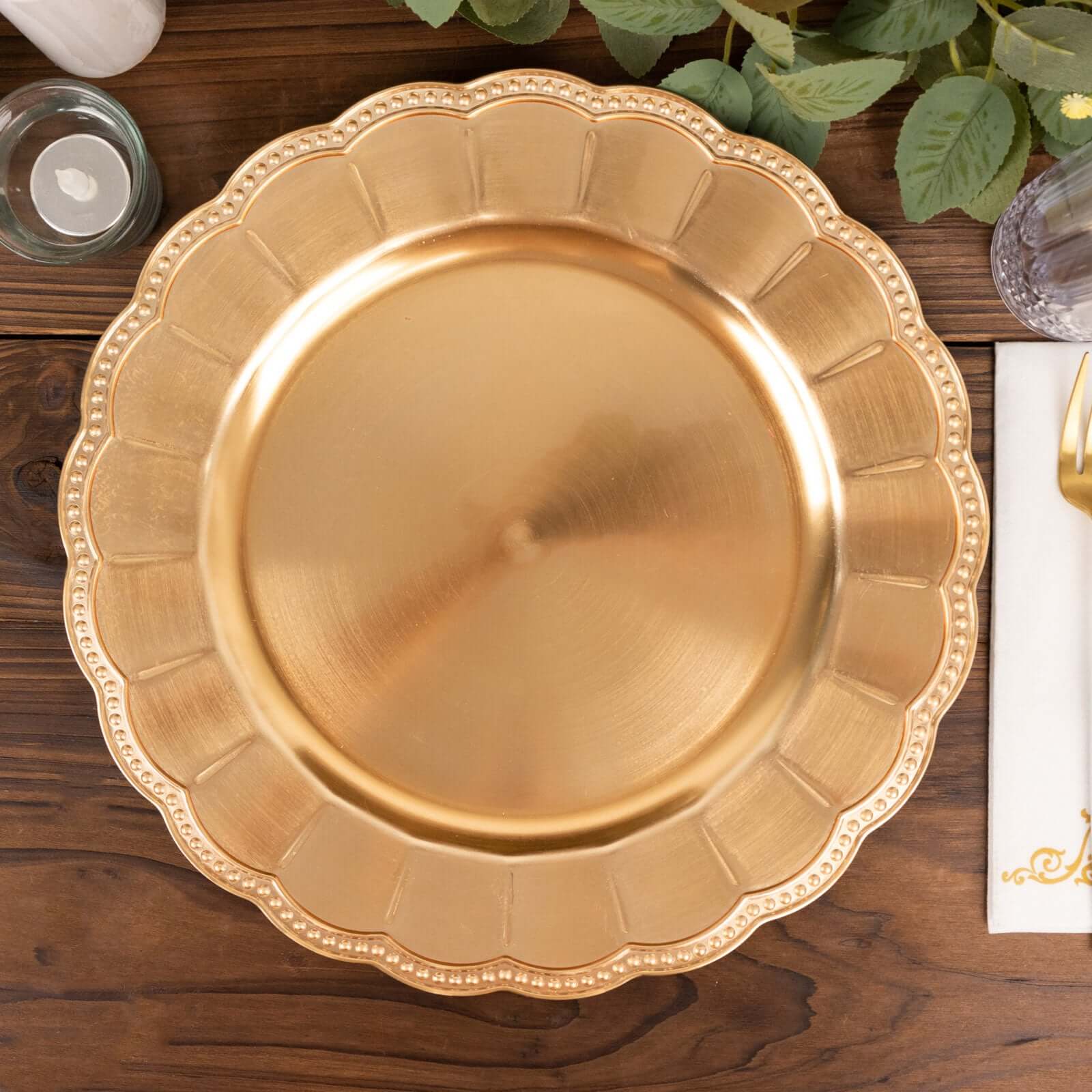 6-Pack Acrylic Round Charger Plates 13" in Metallic Gold with Beaded Sunflower Rim, Plastic Dinner Party Charger Tableware