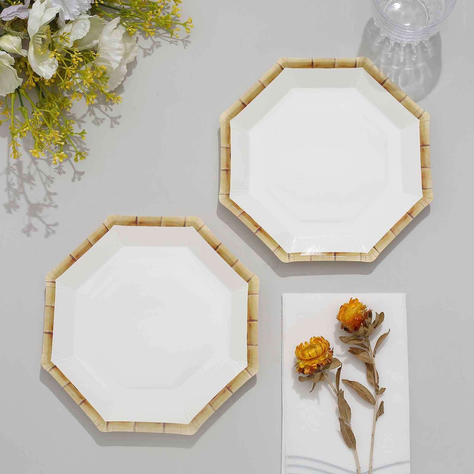 25-Pack Paper Octagonal Dessert Plates 7" White with Bamboo Print Rim - Disposable Geometric Appetizer Salad Plates for Garden Parties & Tropical Themed Events