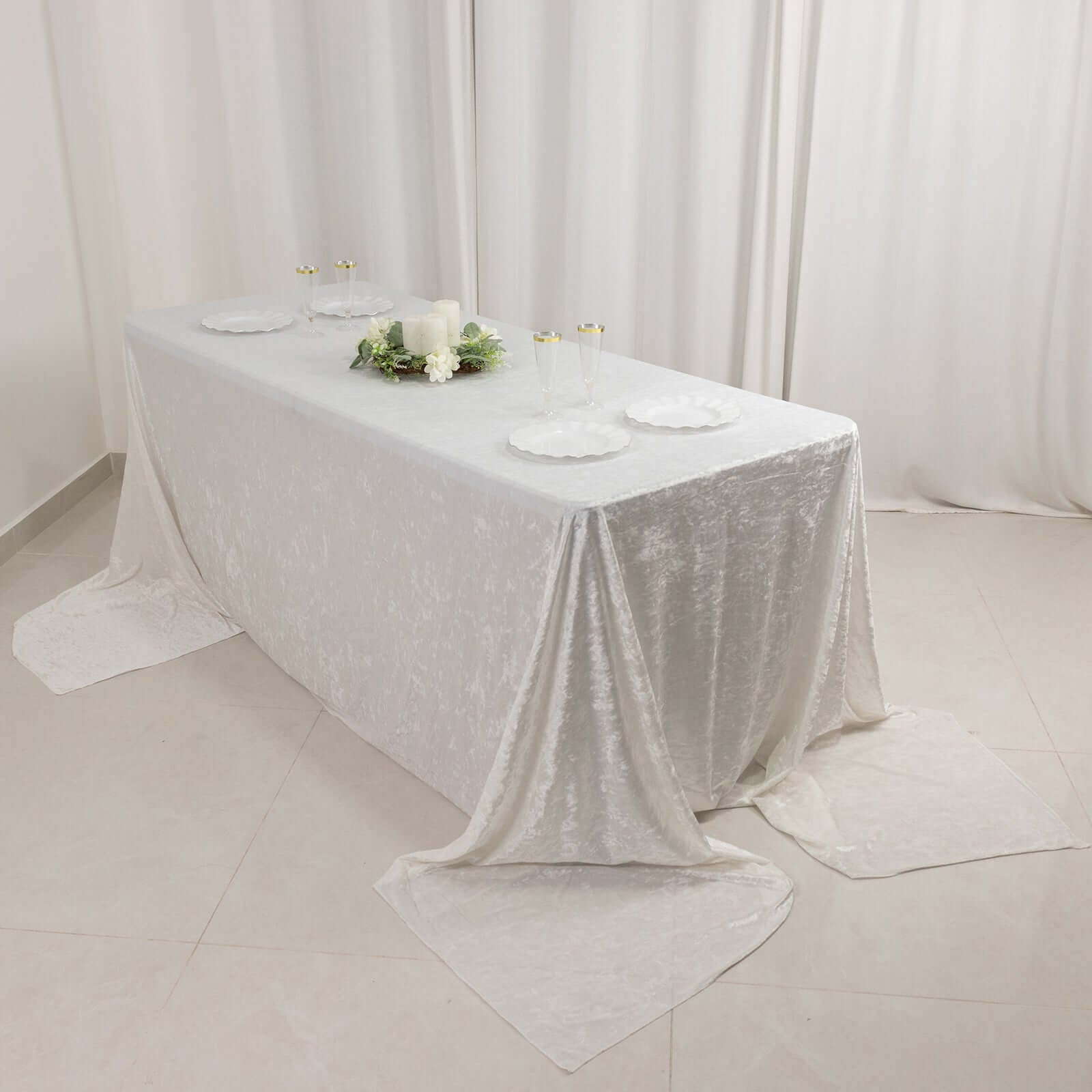 Premium Crushed Velvet 90"x156" Rectangle Tablecloth White - Reusable Soft & Sophisticated Seamless Table Cover