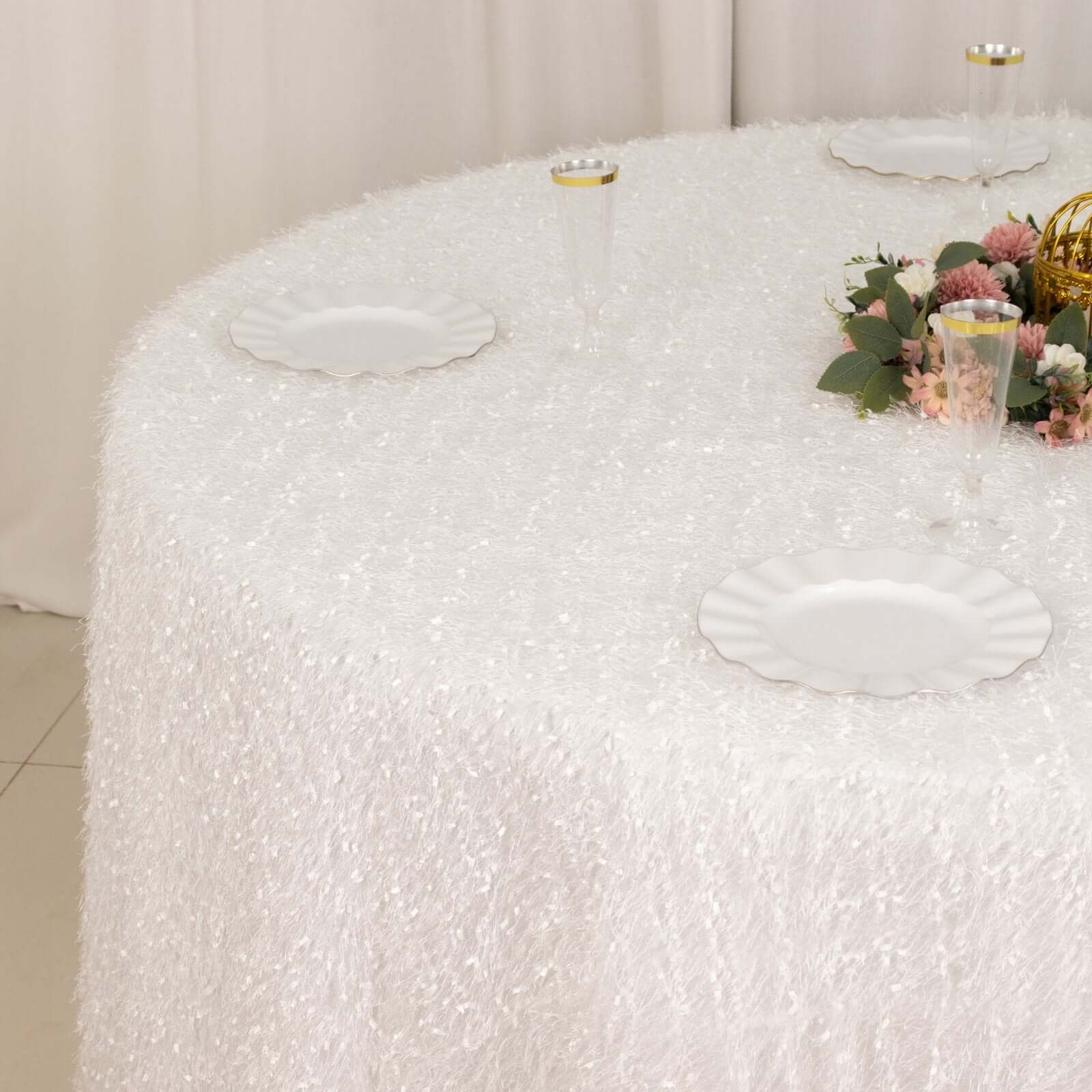 Polyester 120" Round Tablecloth White with Shaggy Fringe Design - Exquisite Table Cover
