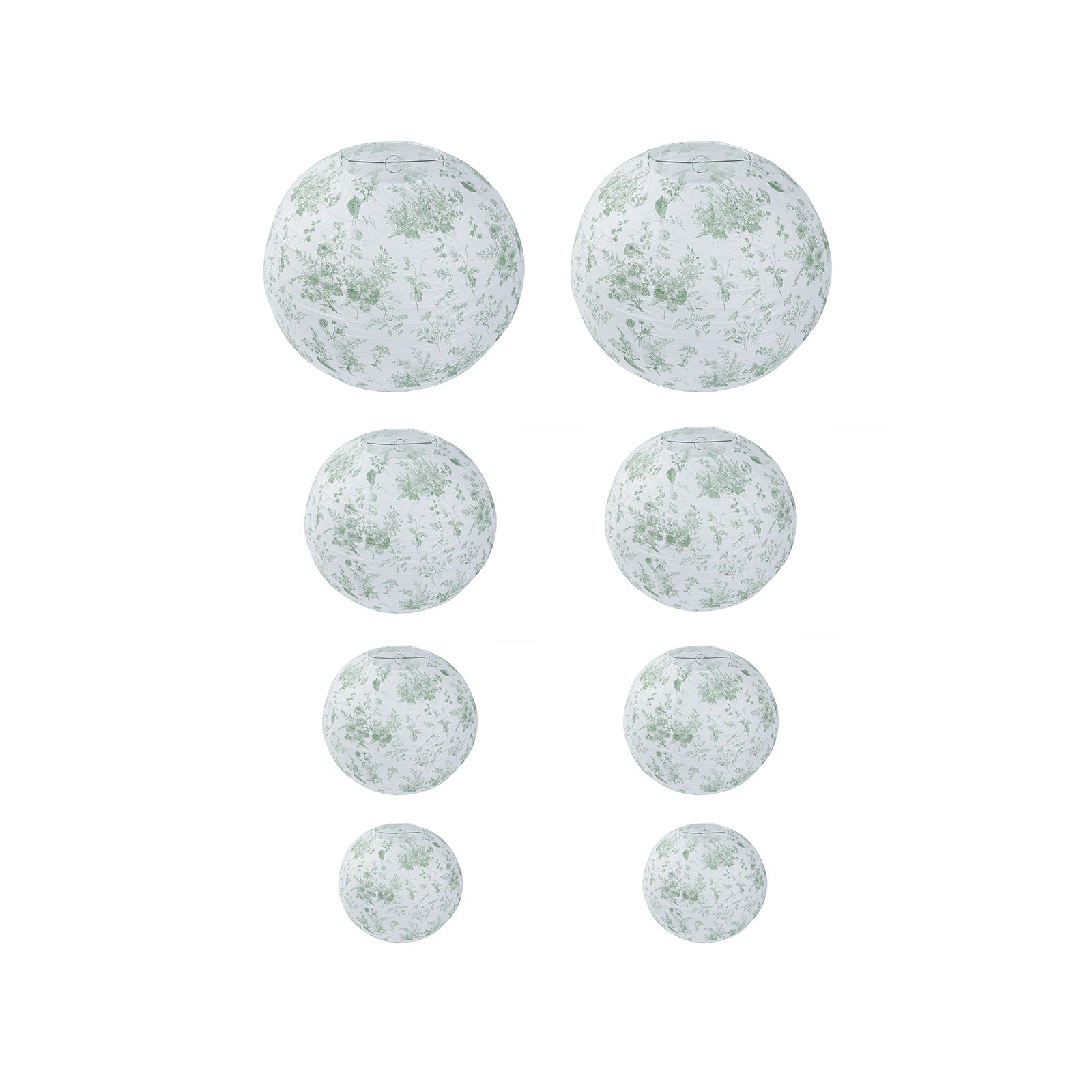 Set of 8 White Sage Green Hanging Chinese Lanterns in French Toile Floral Pattern, Festival Paper Lanterns - 6",8",10",14"