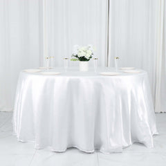 Satin 132" Round Tablecloth White - Stylish Seamless Table Cover for Weddings & Events