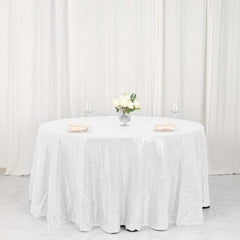 Sequin 120" Round Tablecloth White - Seamless Glittering Design for Sophisticated Events