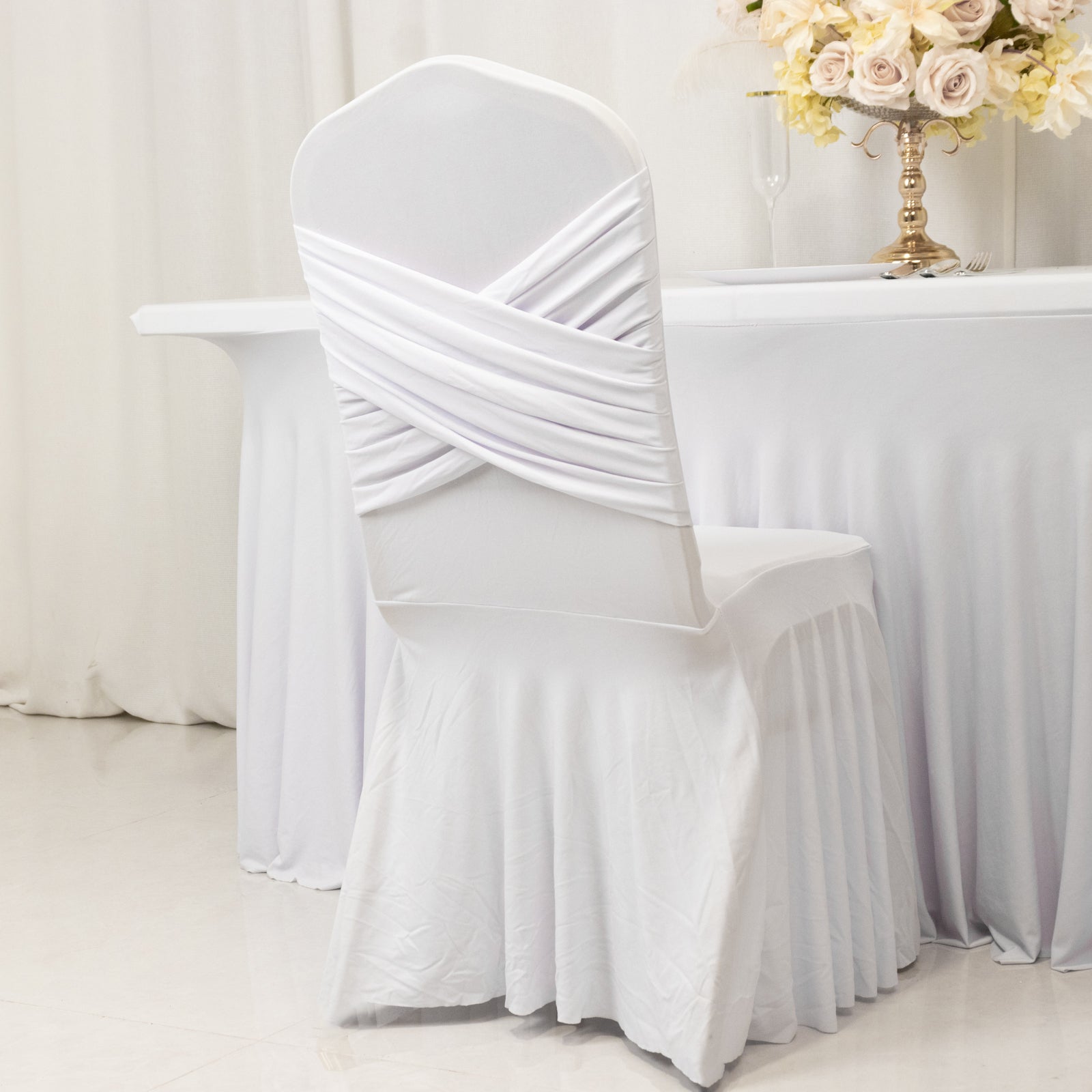 White Spandex Banquet Chair Cover with Ruffle Skirt & Cross Back Sash – Stretch Slipcover for Events