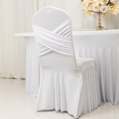 White Spandex Banquet Chair Cover with Ruffle Skirt & Cross Back Sash – Stretch Slipcover for Events