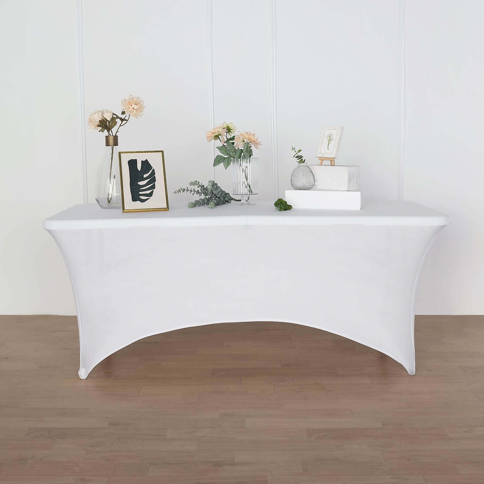 Stretch Spandex 72"x30" Rectangular Table Cover White with Curved Open Back Design Tailored Professional Look for Tradeshows, Events & Exhibitions