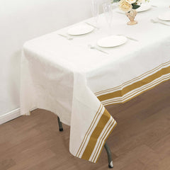 Linen-Like Paper 50"x108" Rectangle Tablecloth White - Disposable Airlaid Table Cover with Gold Striped Border