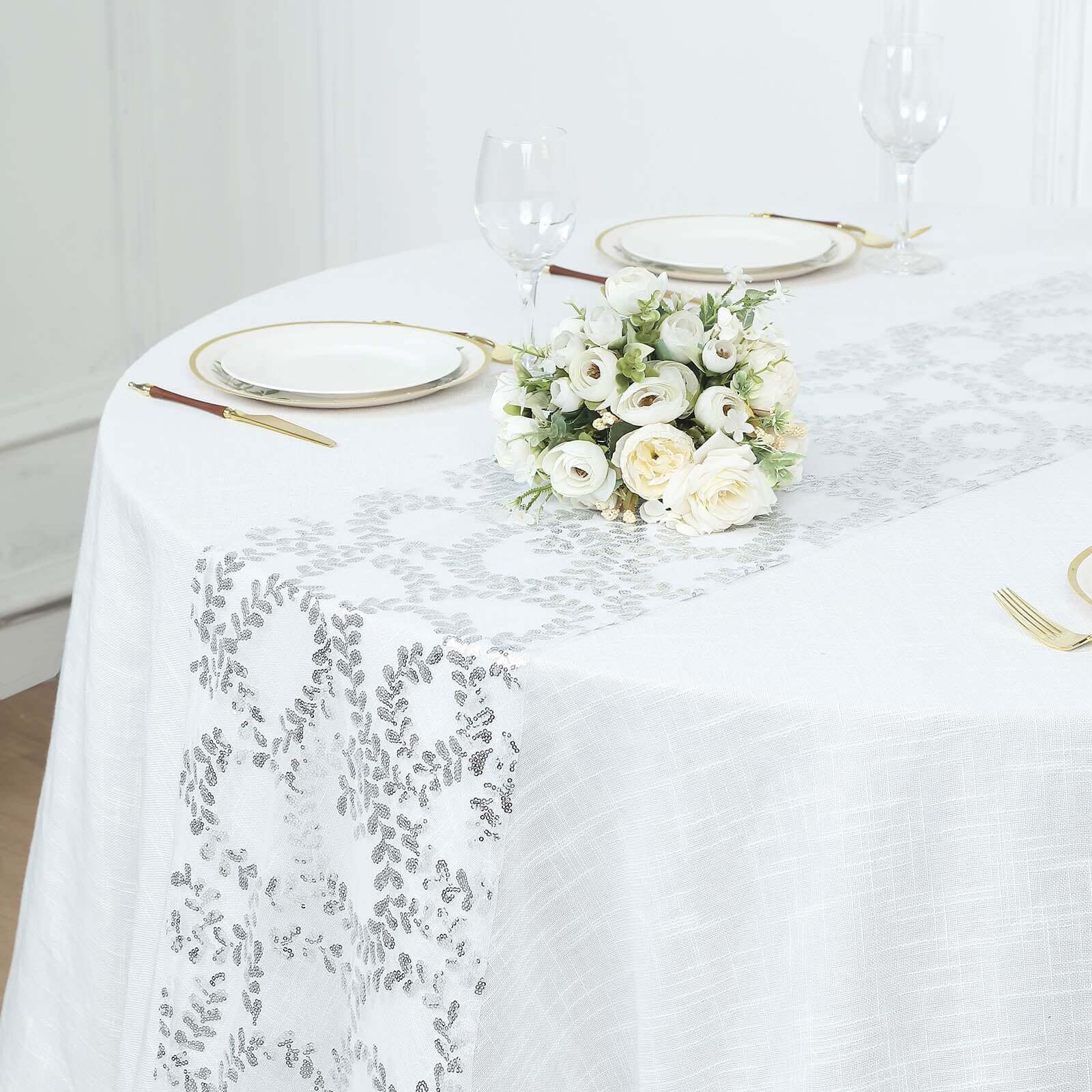 Mesh 12"x108" Table Runner Silver - Leaf Vine Embroidery
