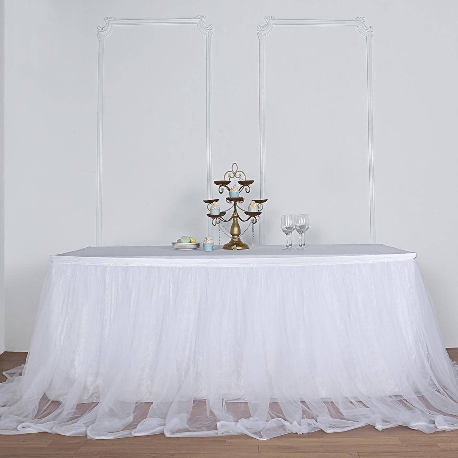 Extra Long Tulle 17ft Table Skirt White with Satin Edge - Table Cover for Baby Showers & Events