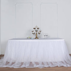 Extra Long Tulle 17ft Table Skirt White with Satin Edge - Table Cover for Baby Showers & Events