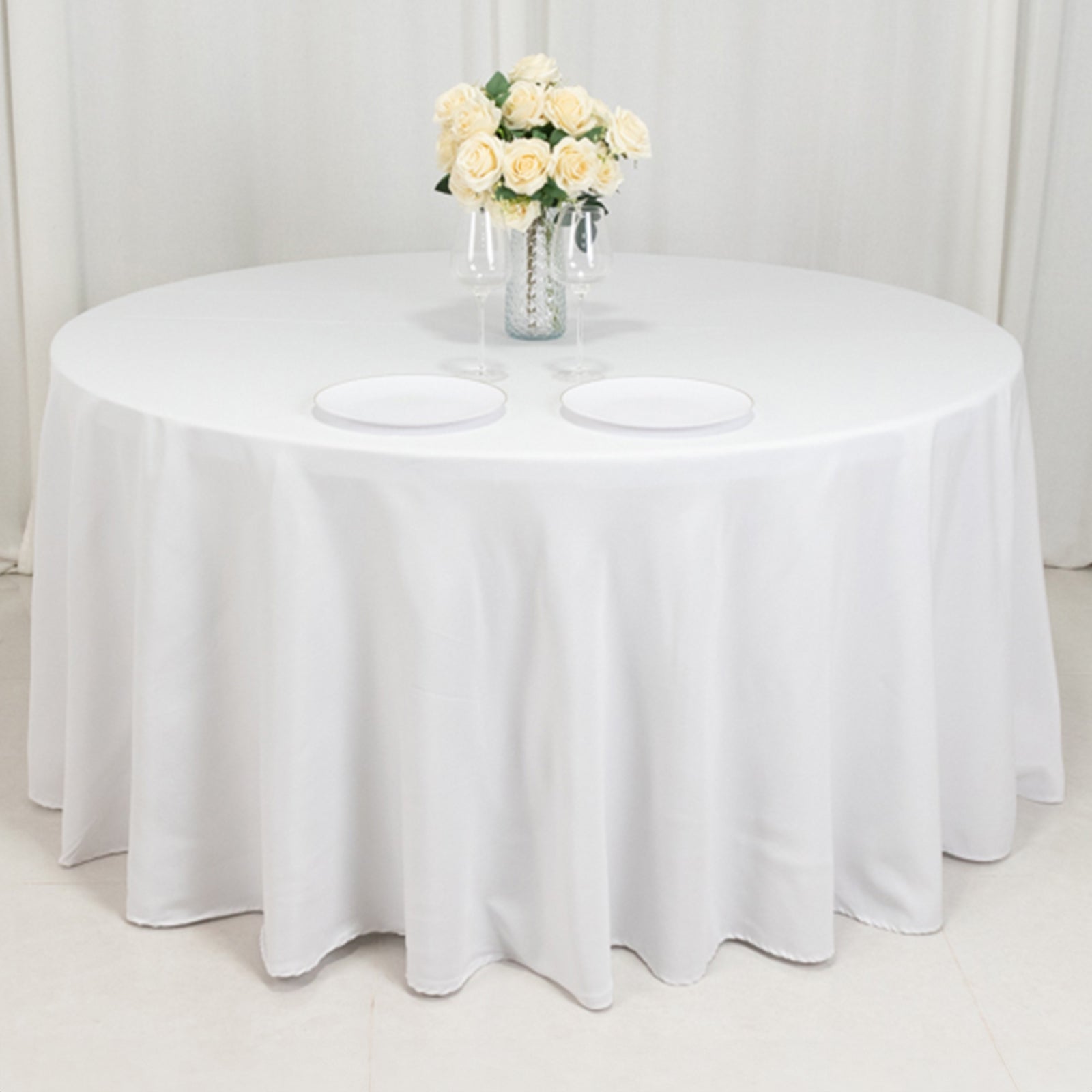 Fire Retardant Premium Polyester 120" Round Tablecloth White - Stylish High-Performance Seamless Table Cover for Large Gatherings