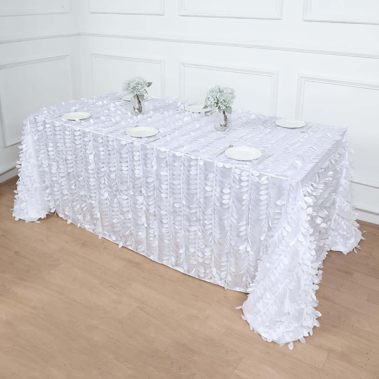 Taffeta 90"x132" Rectangle Tablecloth White | 3D Leaf Petal Design Seamless Table Cover for Stylish Wedding & Event Decor