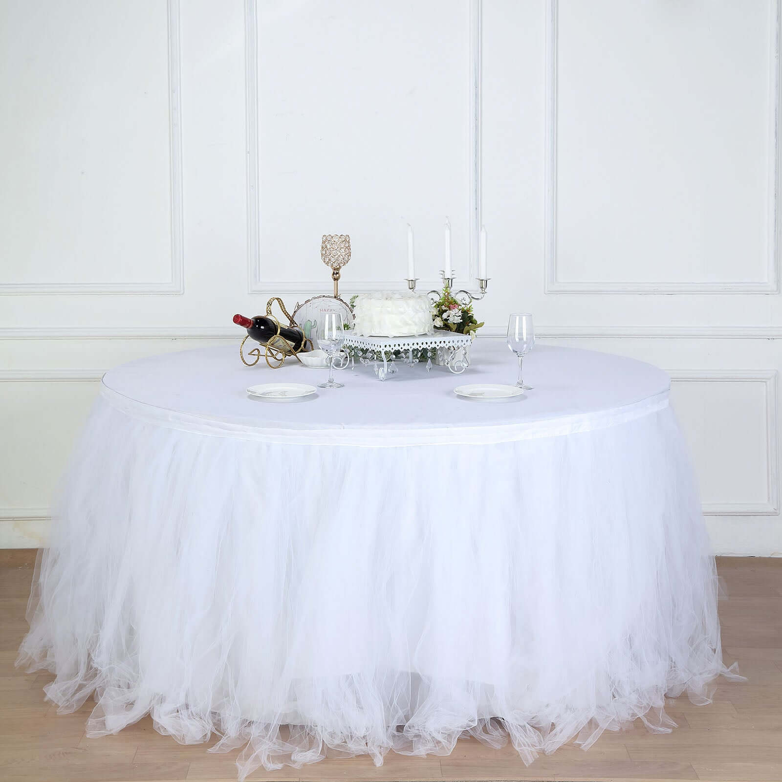 Tulle 17ft Table Skirt White - 4 Layer Pleated Tutu Chic & Soft Event Table Cover
