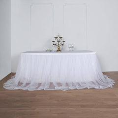Extra Long Tulle 14ft Table Skirt White with Satin Edge - Table Cover for Baby Showers & Events