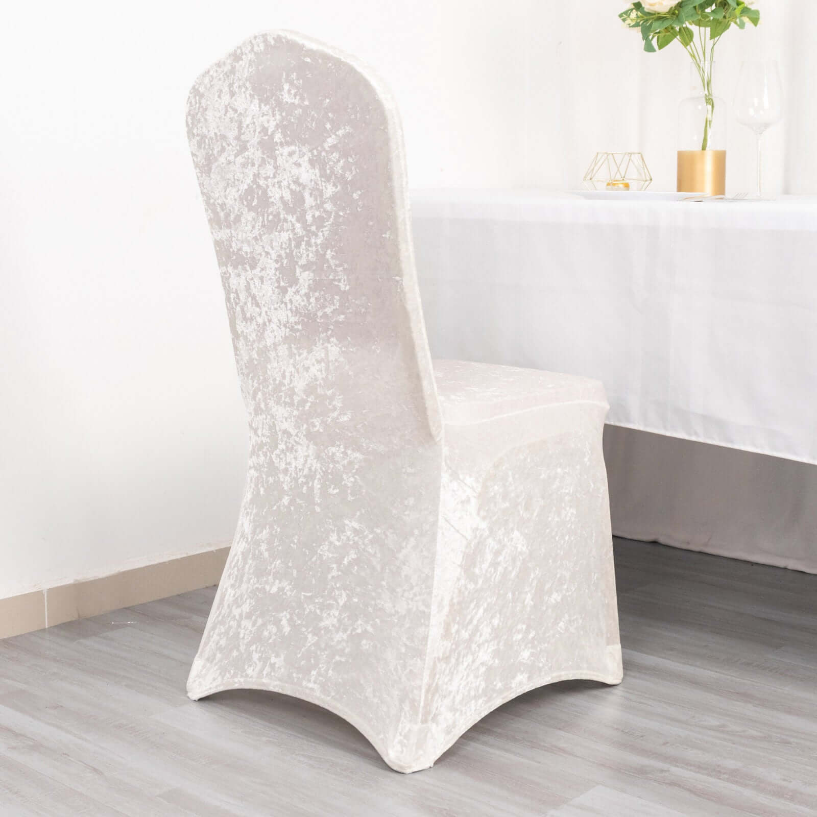 Crushed Velvet Spandex Banquet Chair Cover Fitted Slipcover White - Stretch 190GSM Slipcover with Foot Pockets for Weddings & Events