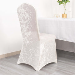 Crushed Velvet Spandex Banquet Chair Cover Fitted Slipcover White - Stretch 190GSM Slipcover with Foot Pockets for Weddings & Events