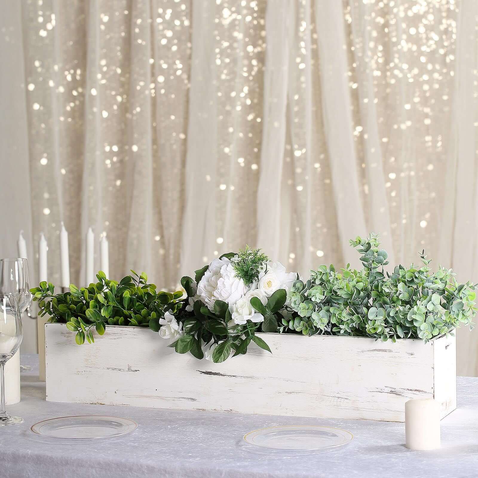 White Wood Planter Rectangular Box 30"x6"- Durable Decor with Removable Plastic Liner for Tables