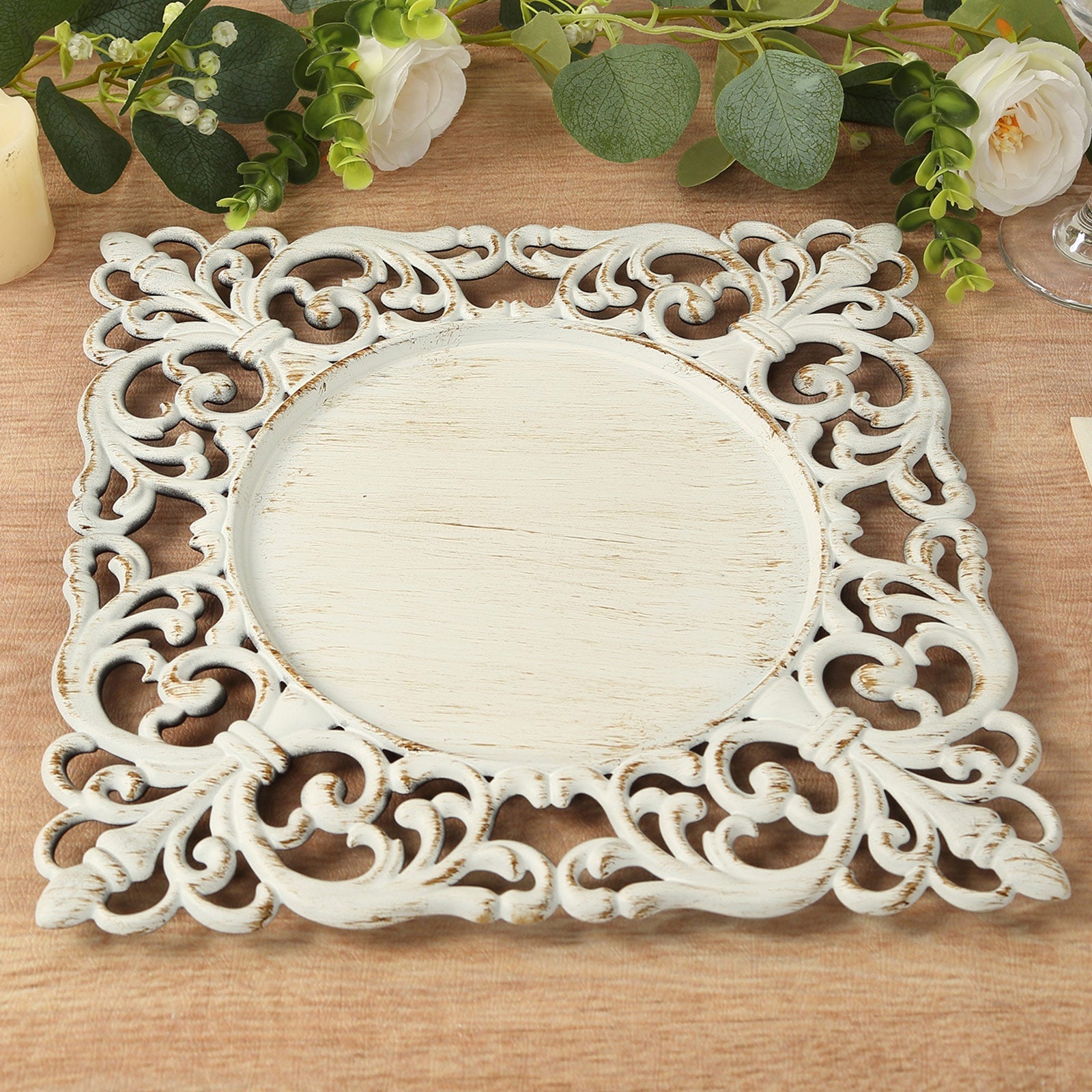 6-Pack Acrylic Square Charger Plates 12" Antique White with Hollow Lace Border, Event Tabletop Decorative Charger Tableware
