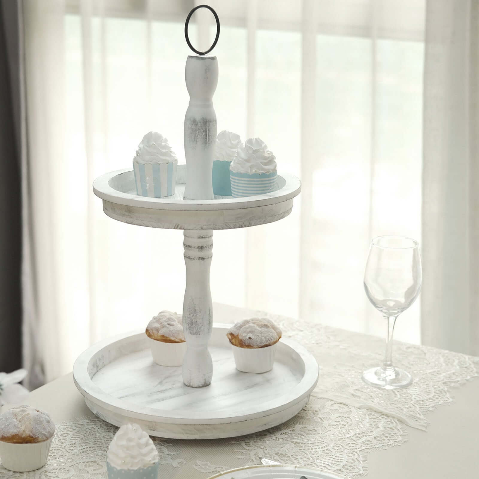 2-Tier Wooden Serving Tray Stand Rustic Whitewashed Design - Farmhouse Style Cupcake Display 20"