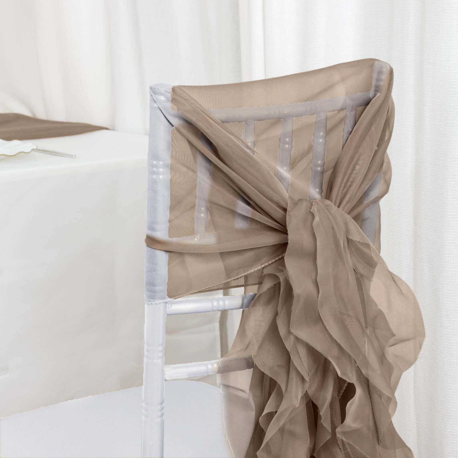 1 Set Chiffon Hoods Chair Sashes with Willow Ruffles Design Taupe - Stylish Chair Bow Decor