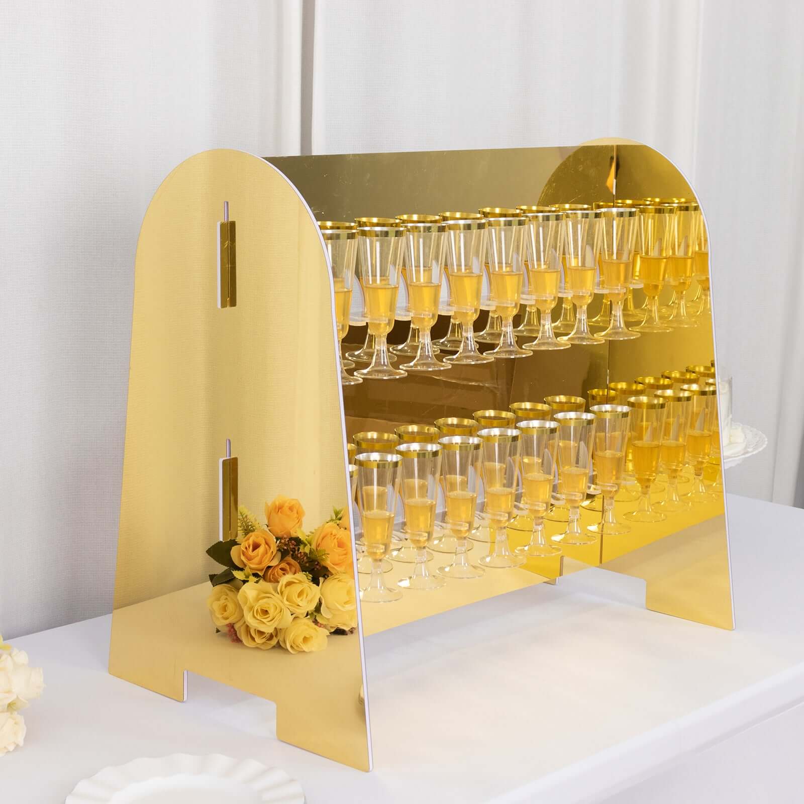 2-Tier Champagne Glass Holder Display Stand Table Top in Gold Mirror Finish - Modern Stemware Rack Cocktail Drink Holder with 18 Hooks for Events & DIY Bars 25"