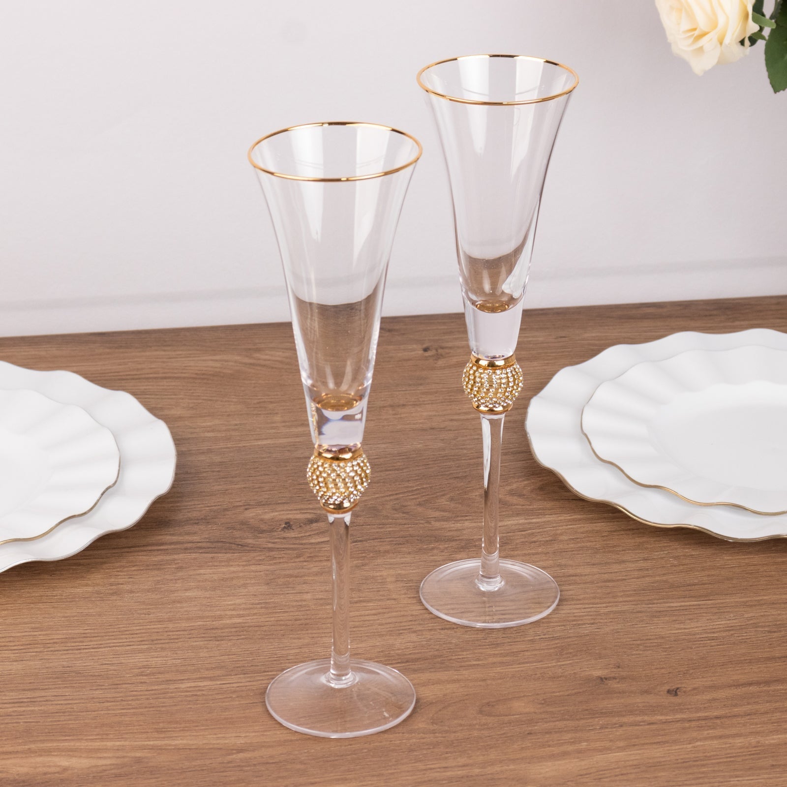 6-Pack Champagne Flute Glasses Clear Gold Rim Design with Studded Rhinestones - Long Stem Crystal Glassware for Wine & Events 6oz 11"